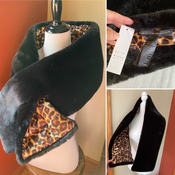 NWT White House Black Market Faux Fur Leopard Signature Black Puffer Stole Scarf - Picture 1 of 13